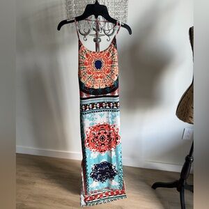 Boho Tile Print Maxi Dress in Aqua and Coral